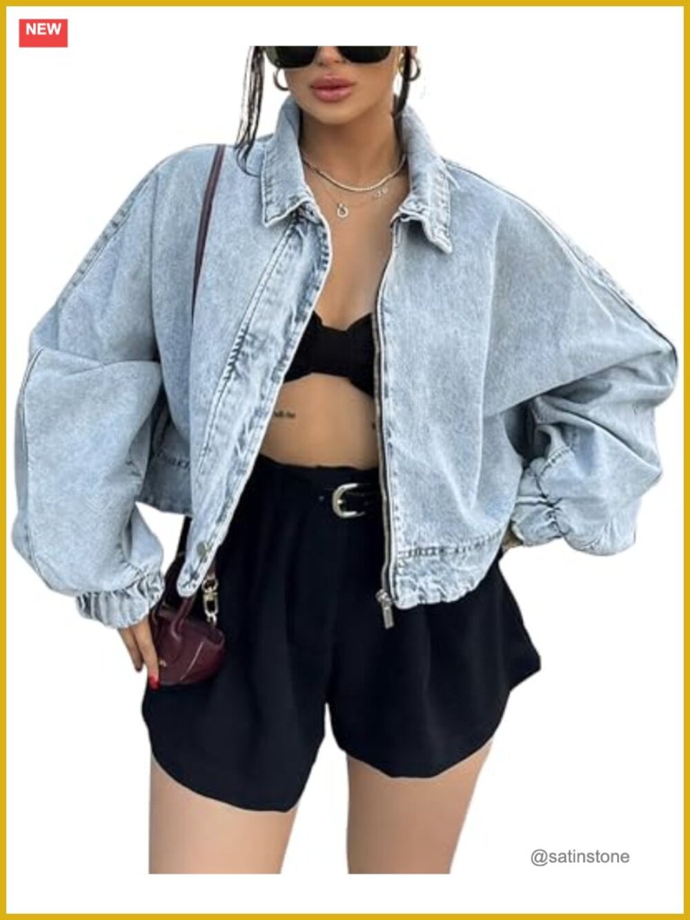 Oversized Cropped Denim Jacket Zip Up Light Wash Women's